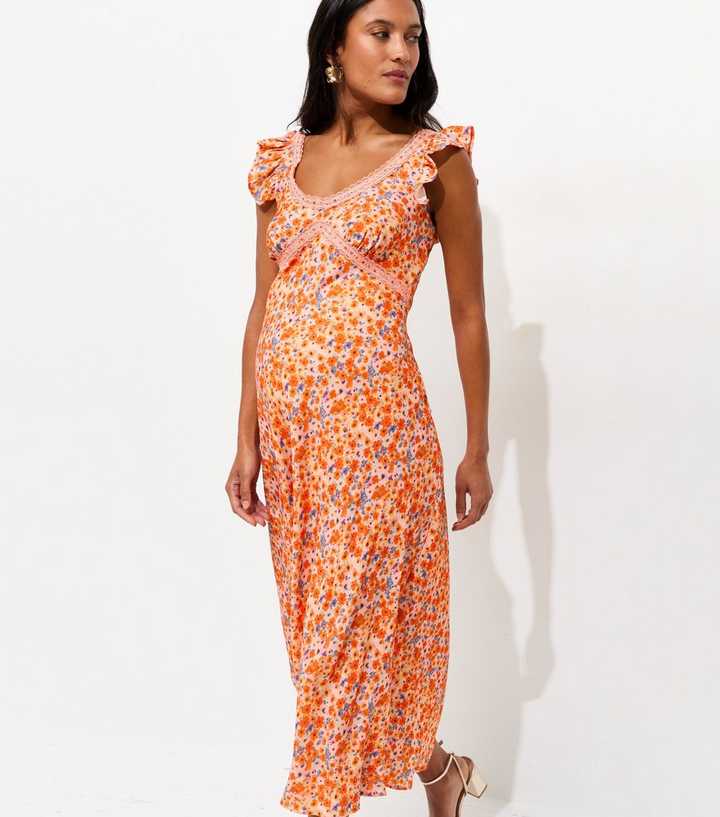 Maternity Orange Floral Lace Trim Frill Sleeves Midi Dress