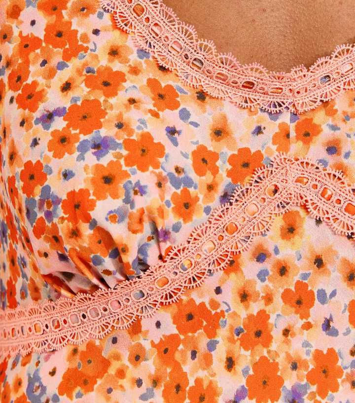 Maternity Orange Floral Lace Trim Frill Sleeves Midi Dress | New Look