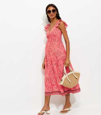 Maternity Pink Floral Ruffled Strap Midi Dress
