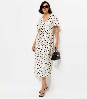 Cream Spot Print Flutter Sleeve Midi Dress