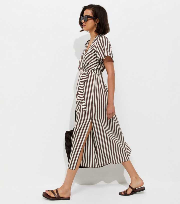 Brown Striped Wrap Midi Dress | New Look