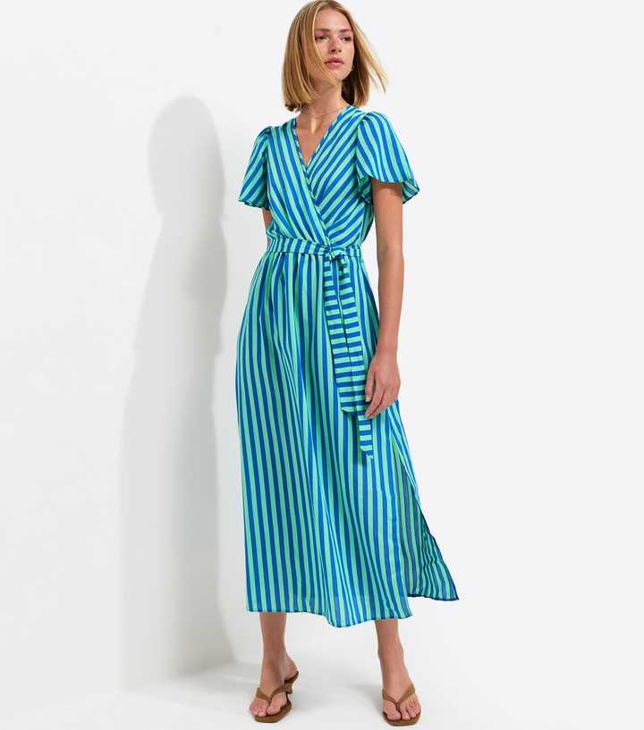 Blue Striped Wrap Midi Dress