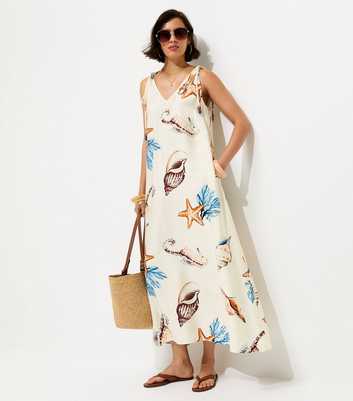 Cream Shell Print Beaded Strap Maxi Dress
