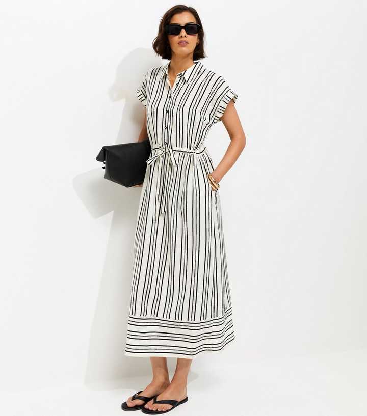 Cream Striped Striped Midi Shirt Dress