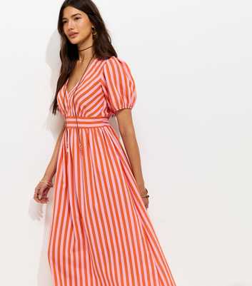 Pink Striped V-Neck Midi Dress