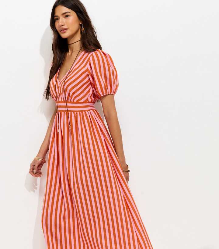 Pink Striped V-Neck Midi Dress