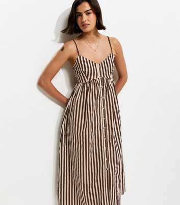 Brown Cotton Knot Front Stripe Cami Midi Dress