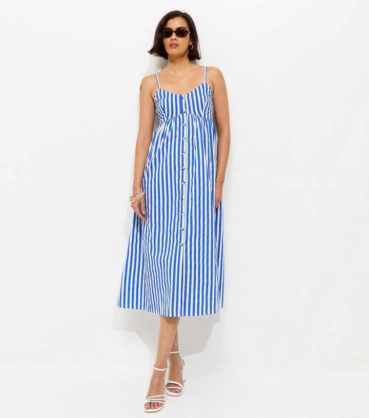 Blue Striped Button Front V-Neck Cami Midi Dress
