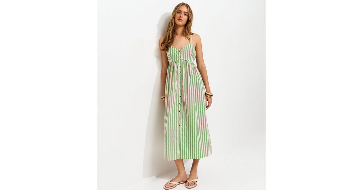 Green Striped Button Front V-Neck Cami Midi Dress | New Look
