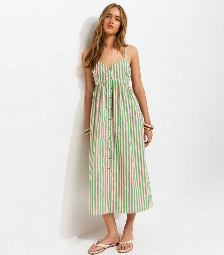 Green Striped Button Front V-Neck Cami Midi Dress