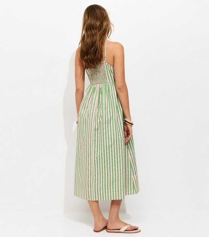 Green Striped Button Front V-Neck Cami Midi Dress | New Look