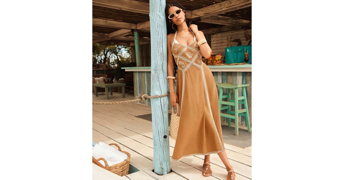 Dark Yellow Shell Embroidered Strappy Midi Dress | New Look Dark Yellow Shell Embroidered Strappy Midi Dress | New Look