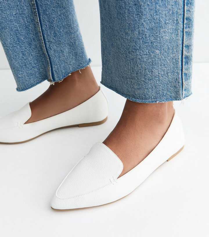 White Faux Leather Pointed Ballerina Flats