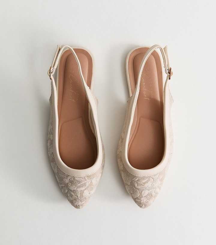 Wide Fit Off White Floral Embroidered Slingback Pumps