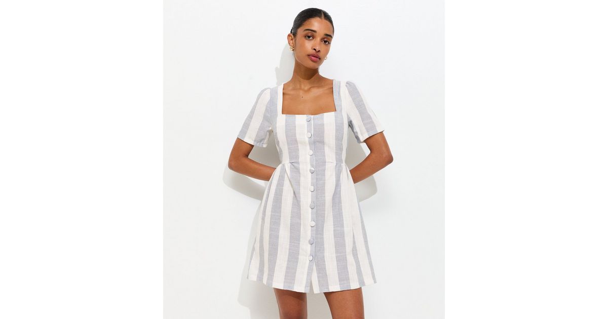 Blue Sailor Stripe Square Neck Button Up Mini Dress | New Look Blue Sailor Stripe Square Neck Button Up Mini Dress | New Look