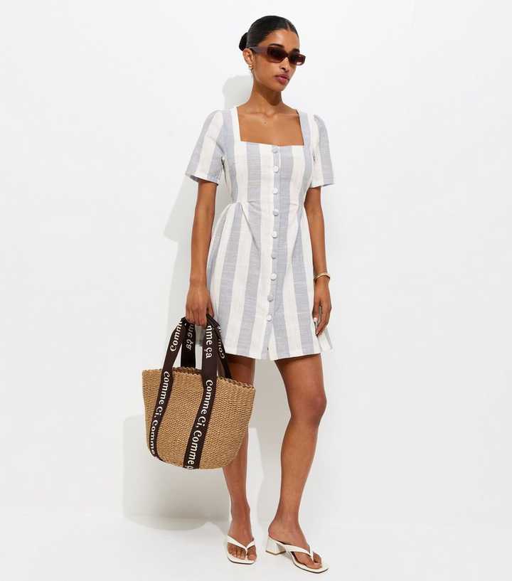 Blue Sailor Stripe Square Neck Button Up Mini Dress | New Look