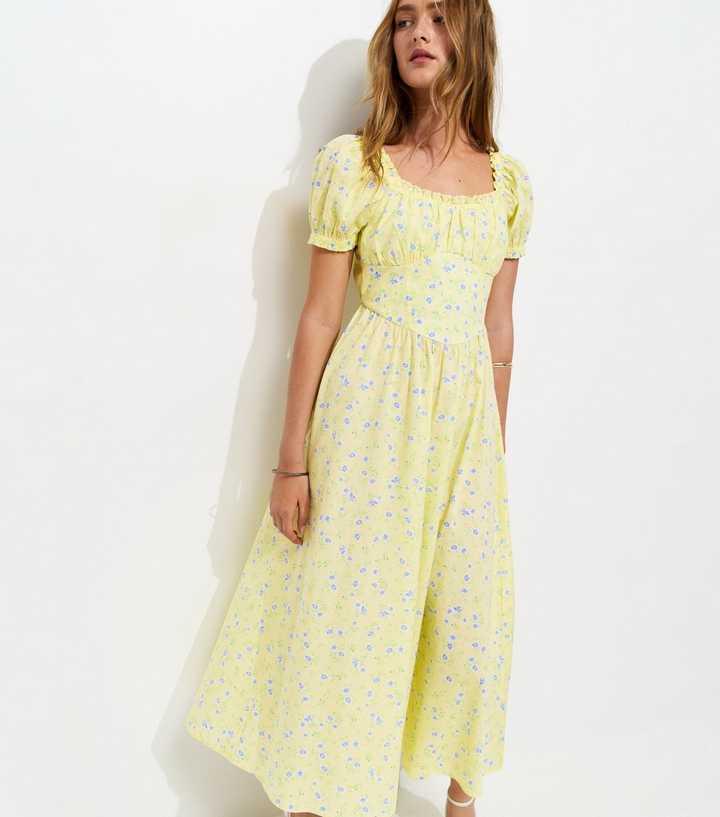 Yellow Cotton Floral Milkmaid Midi Dress