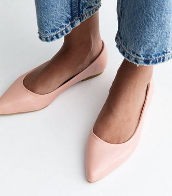 Light Pink Patent Faux Leather Pointed Ballet Pumps
