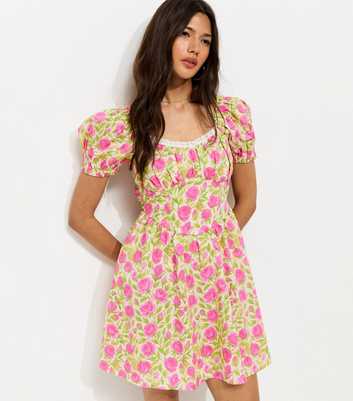 Pink Rose Print Cotton Milkmaid Mini Dress