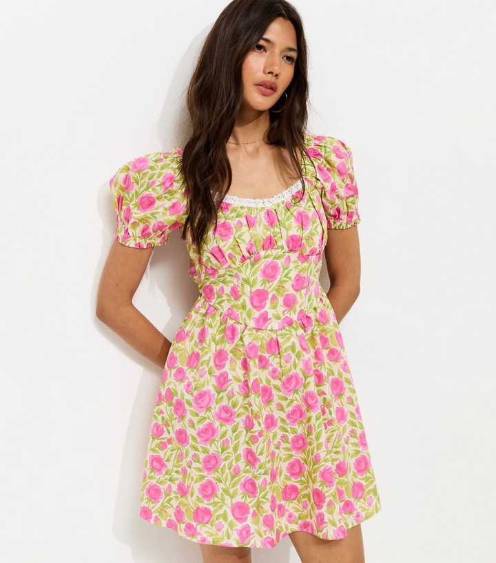 Pink Rose Print Cotton Milkmaid Mini Dress