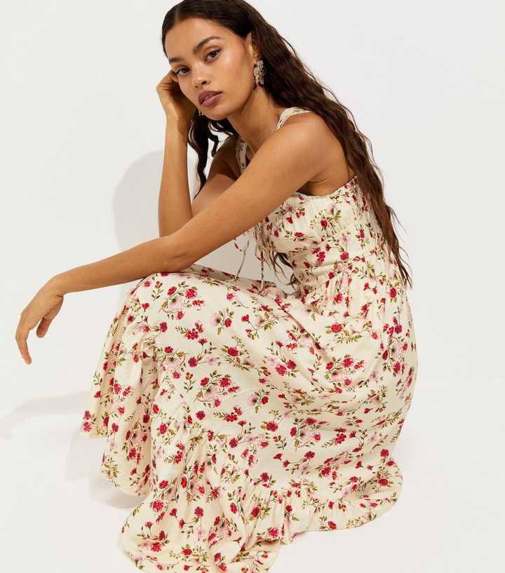 next ladies dresses petite Cream Ditsy Floral Corset Tiered Midi Dress thumb-groups:womens-classic-belt;womens-western-belt;womens-circle-belt
