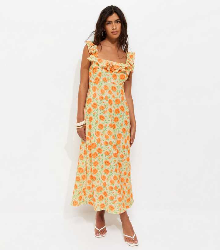 Bright Orange Floral Scoop Neck Ruffle Midi Dress