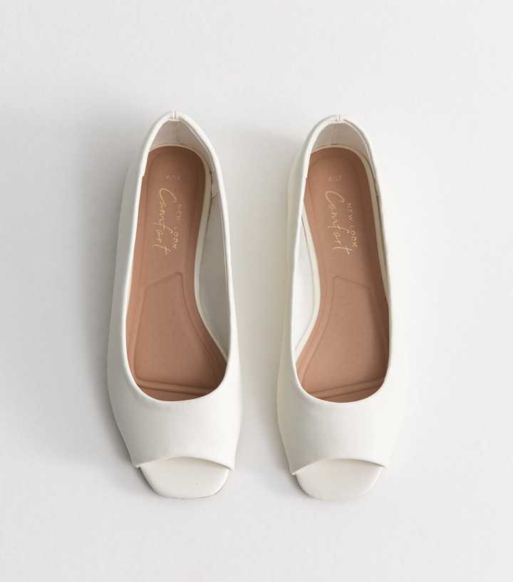 White Faux Leather Flat Peep Toe Pumps