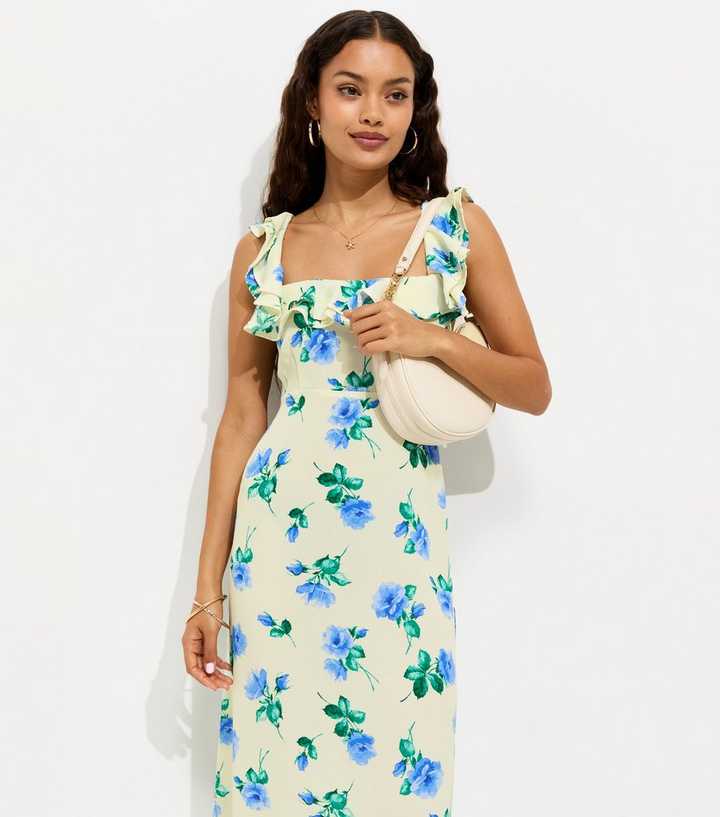 Petite Cream Floral Ruffled Square Neck Midi Dress