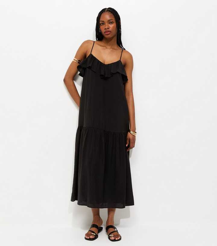 Black Ruffle Trim Cami Midi Dress
