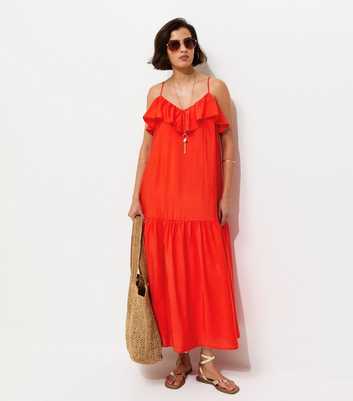 Bright Red Ruffle Trim Cami Midi Dress