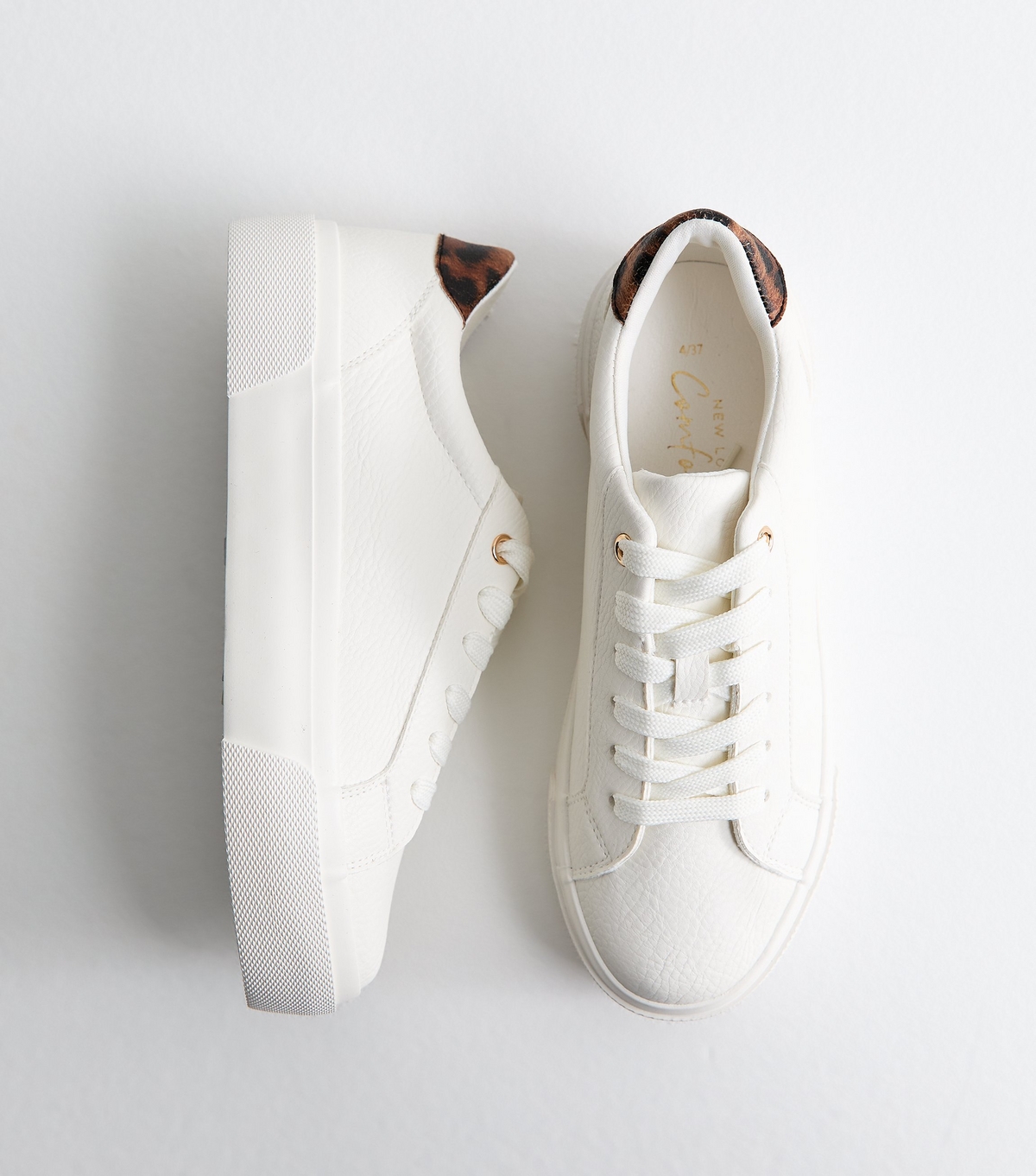 Women's White Faux Leather Leopard Print Flatform Trainers Vegan New Look