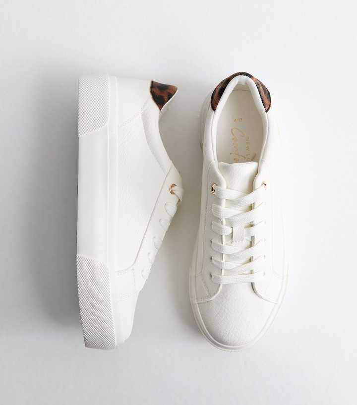 White Faux Leather Leopard Print Flatform Trainers
