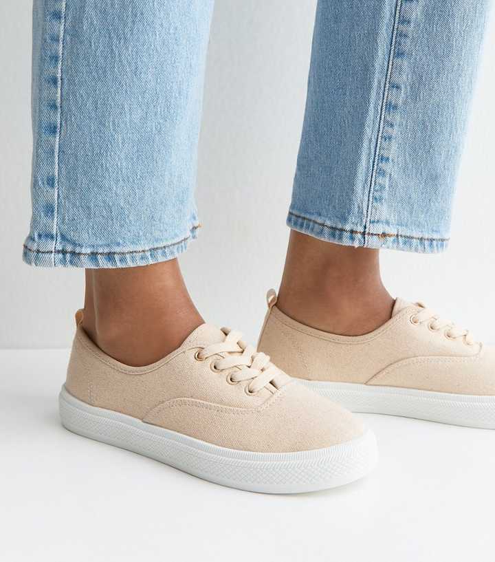 Off White Cotton Canvas Flat Lace Up Trainers