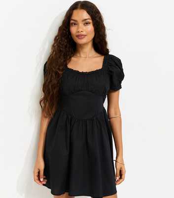Petite Black Lace Trim Milkmaid Corset Waist Mini Dress