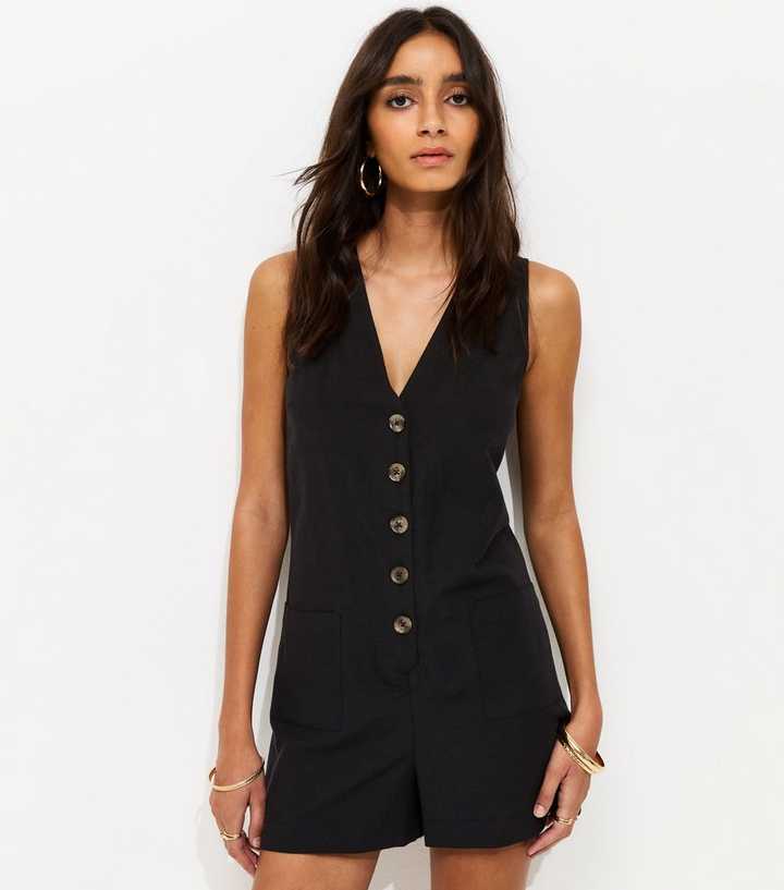 Black Sleeveless Button Through Playsuit