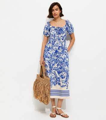 Blue Leaf Print Milkmaid Midi Dress