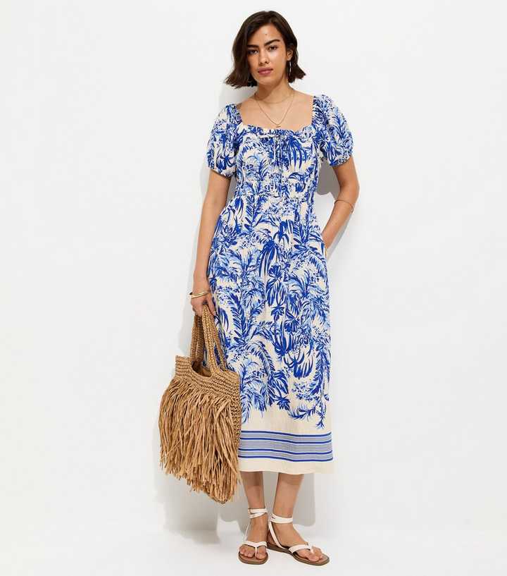 Blue Leaf Print Milkmaid Midi Dress