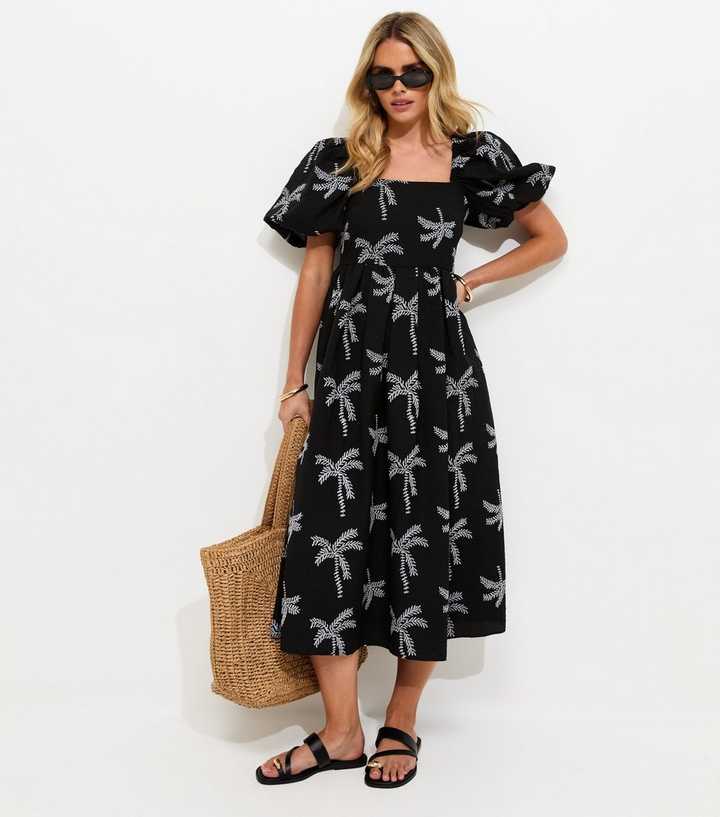 Petite Black Embroidered Palm Tree Puff Sleeve Midi Dress