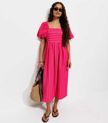 Petite Dark Pink Striped Puff Sleeve Midi Dress