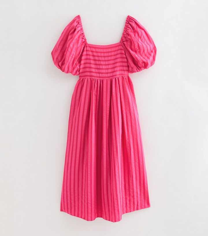 Petite Dark Pink Striped Puff Sleeve Midi Dress