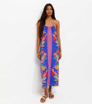 Blue Parrot Print Crepe Cami Midi Dress
