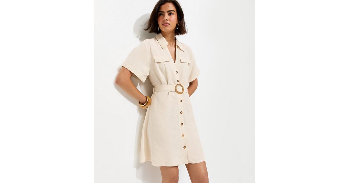 Stone With Cotton Belted Mini Shirt Dress