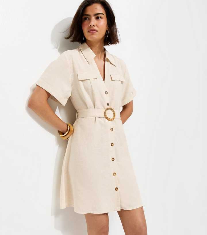 Stone With Cotton Belted Mini Shirt Dress