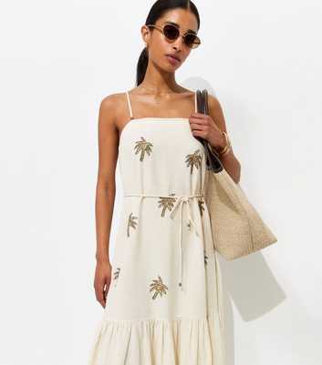 Cream With Cotton Palm Embroidered Belted Midi Dress
