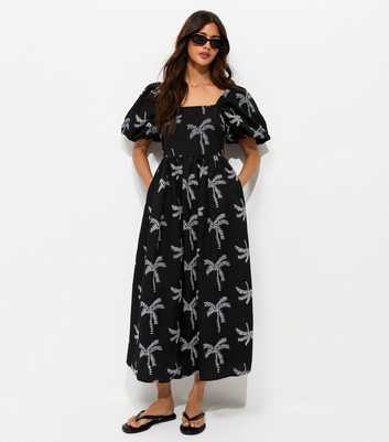 Black Embroidered Palm Tree Puff Sleeve Midi Dress
