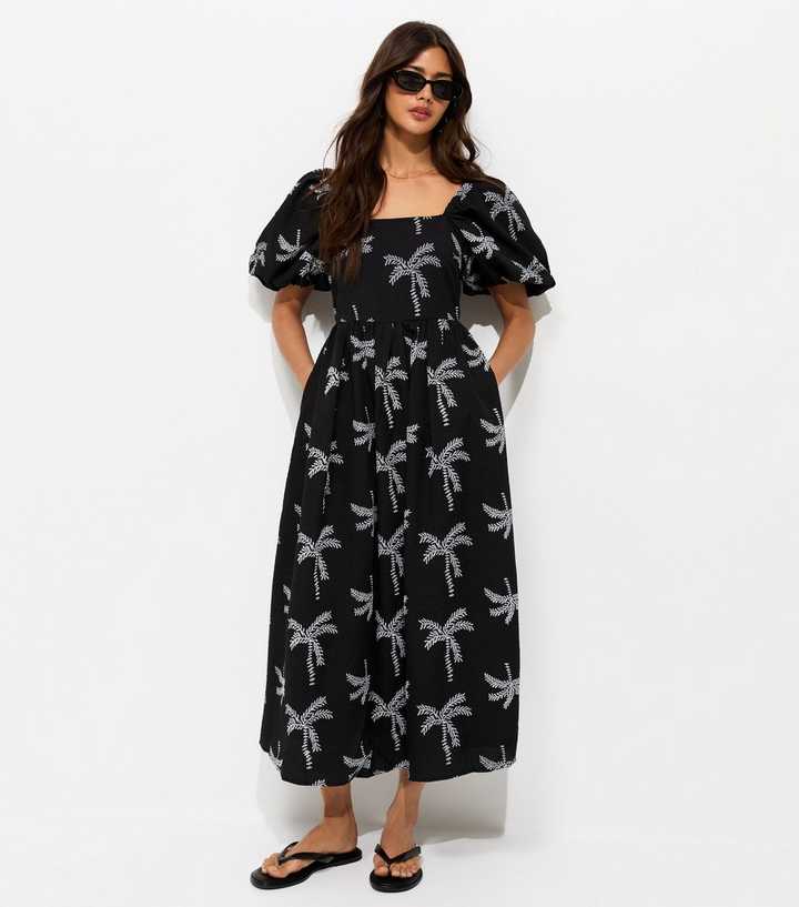 Black Embroidered Palm Tree Puff Sleeve Midi Dress