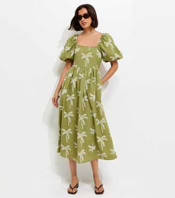 Green Embroidered Palm Tree Puff Sleeve Midi Dress