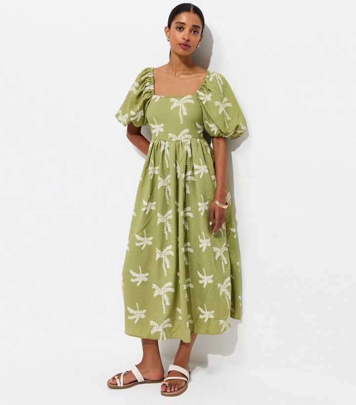 Green Embroidered Palm Tree Puff Sleeve Midi Dress | New Look