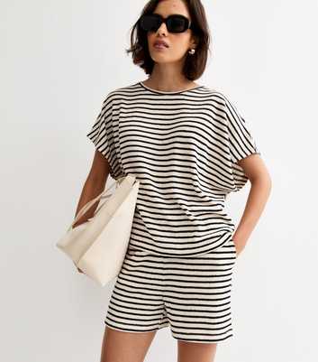 Cream Textured Striped Shorts
