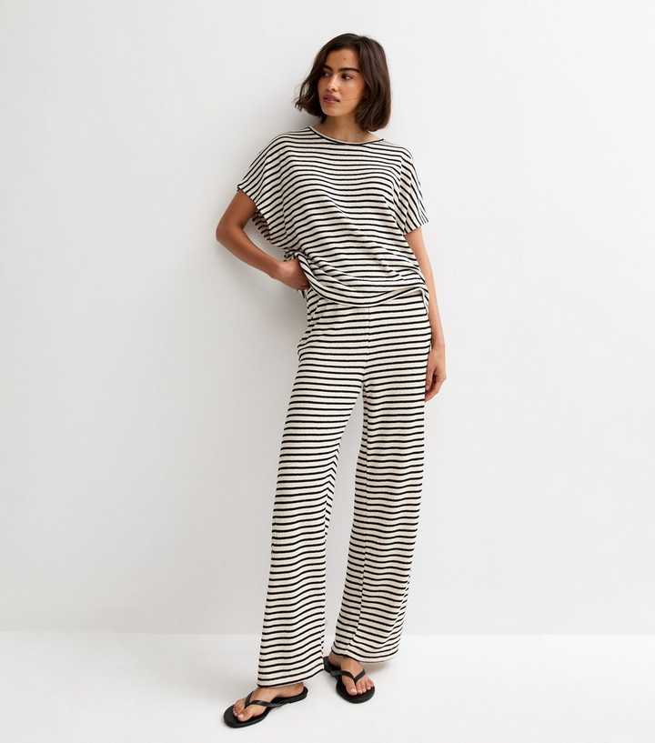 Cream Textured Striped Wide Leg Trousers